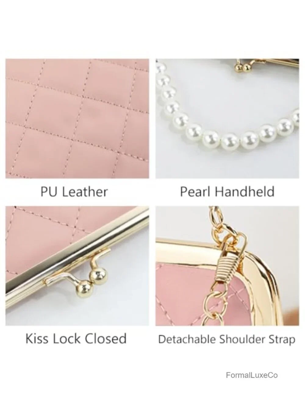 Quilted Faux Leather Crossbody Bag with Pearl Handle, Detachable Chain Strap,